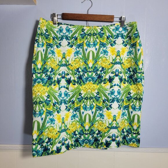 Unbranded Altered Size 16 Yellow Green Colorful Floral Zip Knee Length Skirt - Picture 1 of 7